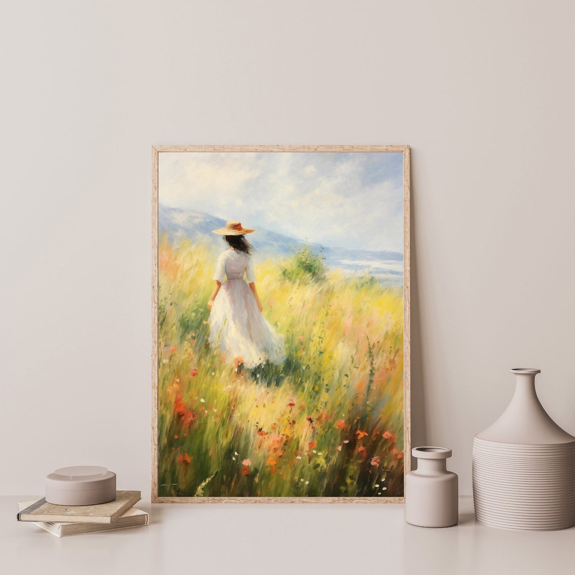 Young Woman in White Dress Straw Hat Meadow Walk Vintage Wall Art - Image 3