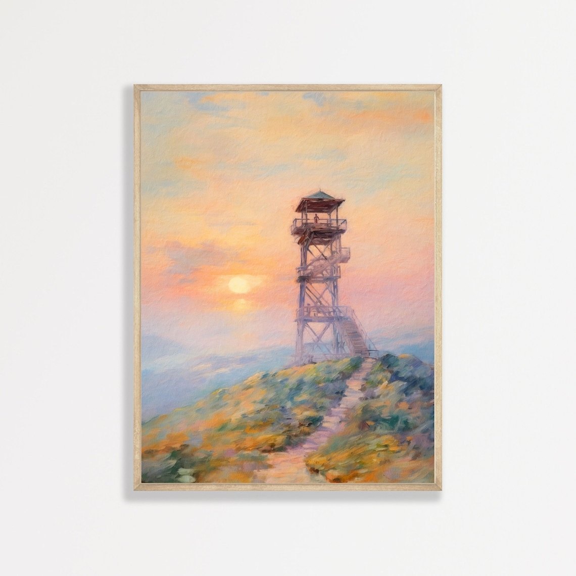 Fire Lookout Print, Muted Pastel Retro Landscape