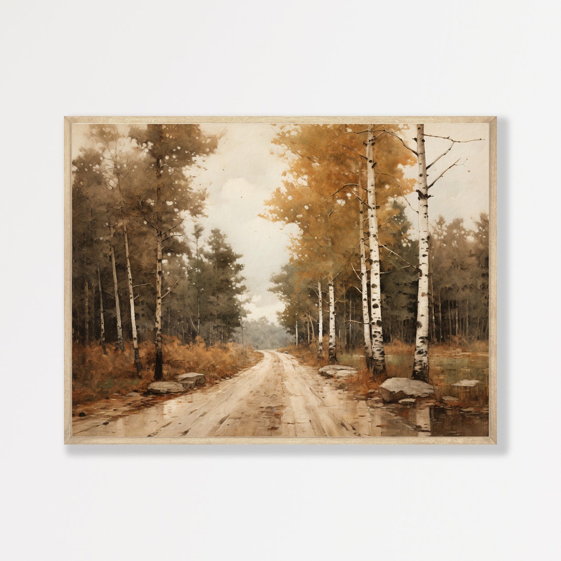 Autumn Birch Tree Road Vintage Countryside Forest Landscape Art Poster
