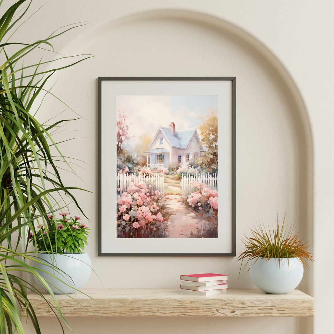 White Country Cottage Picket Fence Pink Flower Garden Painting Poster - Image 2