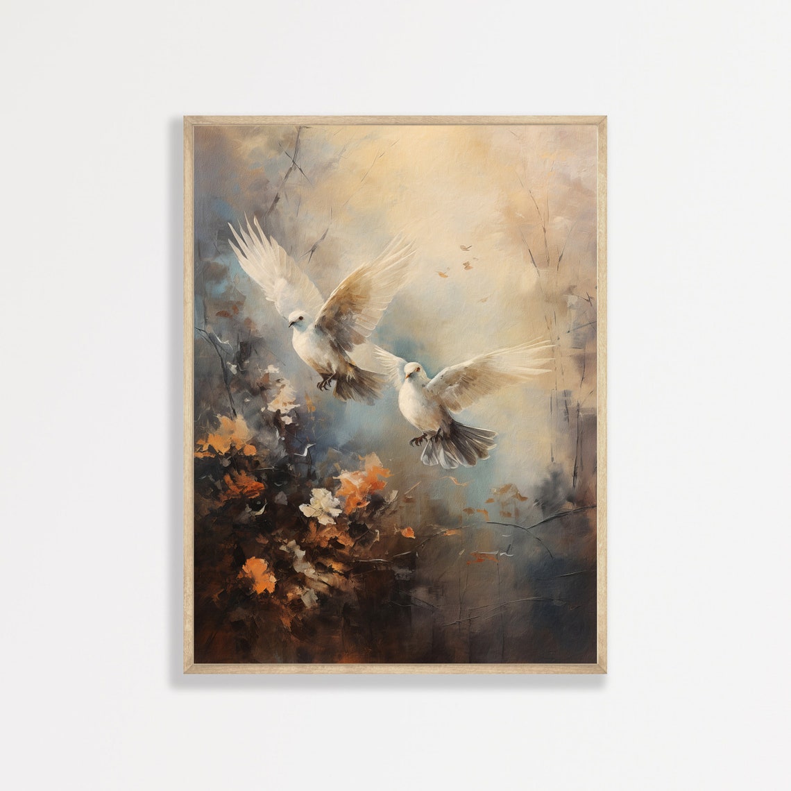 Two White Doves In Flight Warm Moody Background Peaceful Bird Poster