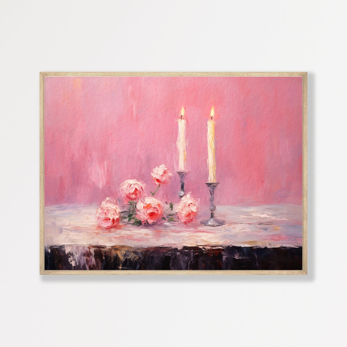Two Candles Pink Roses Still Life Soft Pink Background Romantic Poster