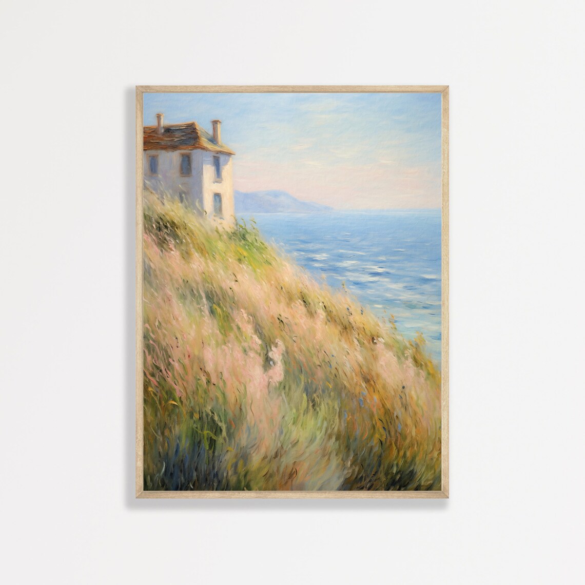 Italian Coastal Cliff House Overlooking Sea Vintage Painting Poster