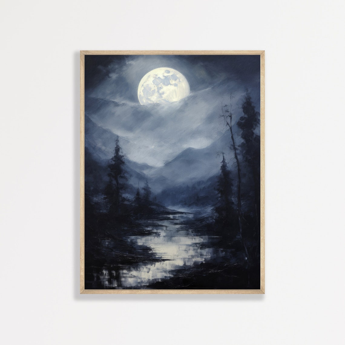 Full Moon River Night Pine Forest Moody Vintage Landscape Poster