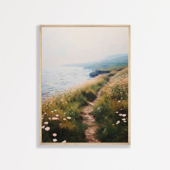 Coastal Fog Oceanside Path, Retro Landscape Art Print