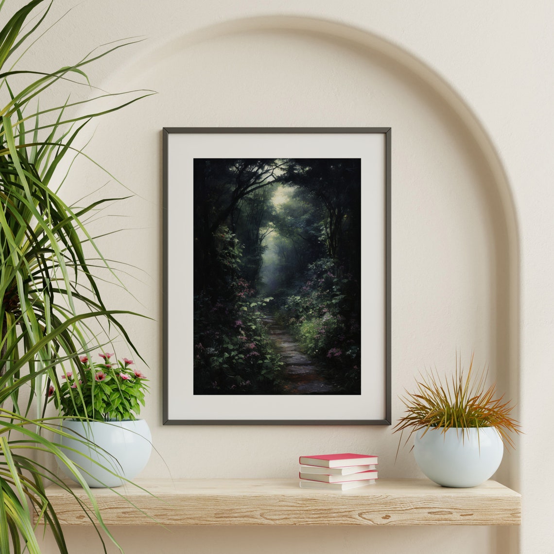 Dark Forest Path Glowing Light Moody Woodland Landscape Wall Art - Image 2