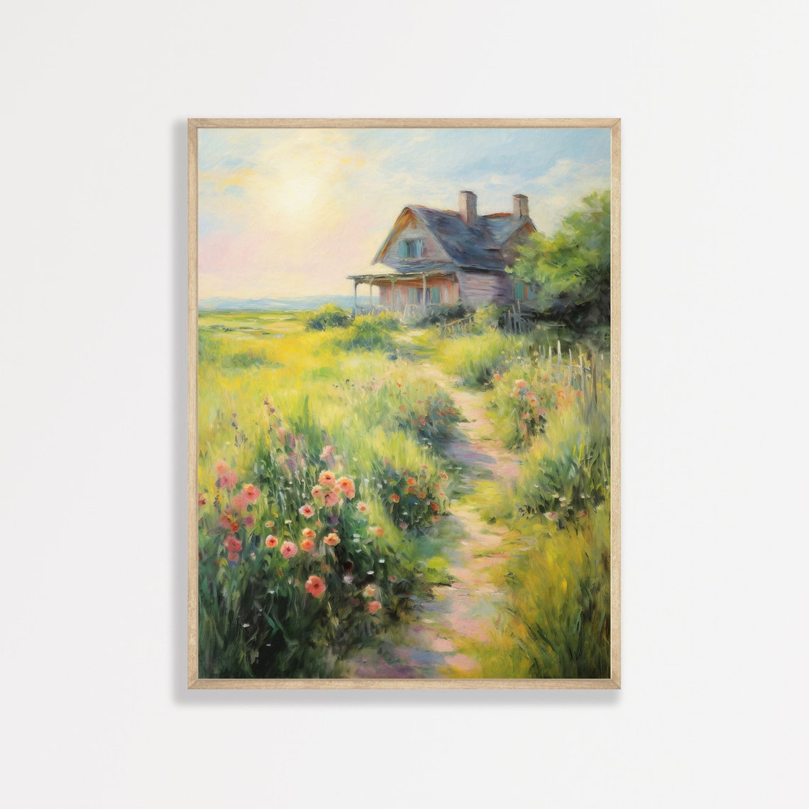 Farmhouse Painting Vintage Countryside Cottage Wall Art Country Nature Landscape Antique Home Decor P 941