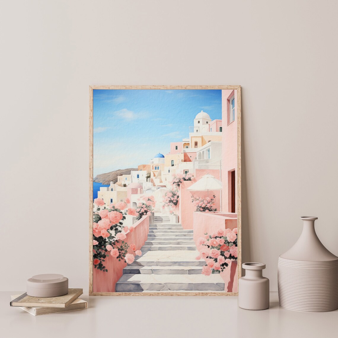 Greece Retro Pastel Coastal Travel Poster, Pink - Image 3