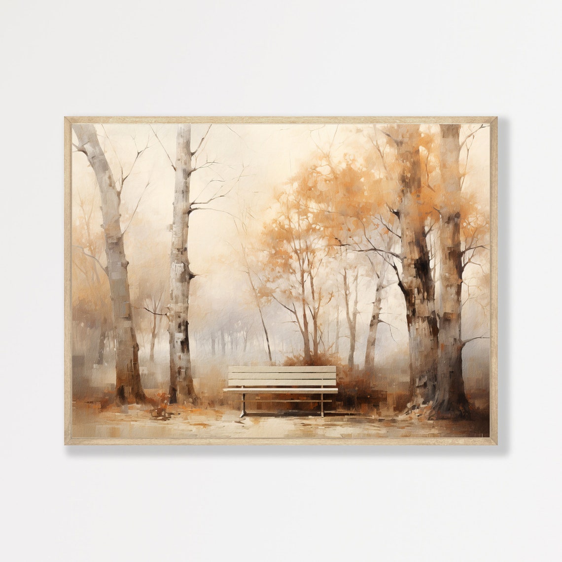 Autumn Birch Forest with White Bench in Golden Mist Wall Art Print