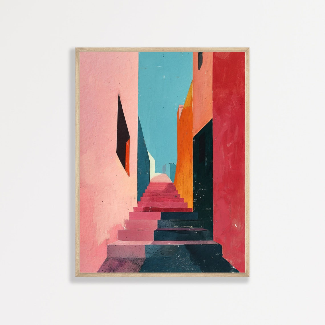 Pink Stairway Colorful Alley Coral Walls Mid Century Modern Poster