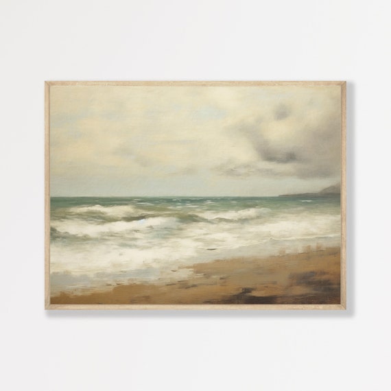 Moody Ocean Wall Art Vintage Beach Oil Painting Rustic Coastal Decor Neutral Seascape Print P 823