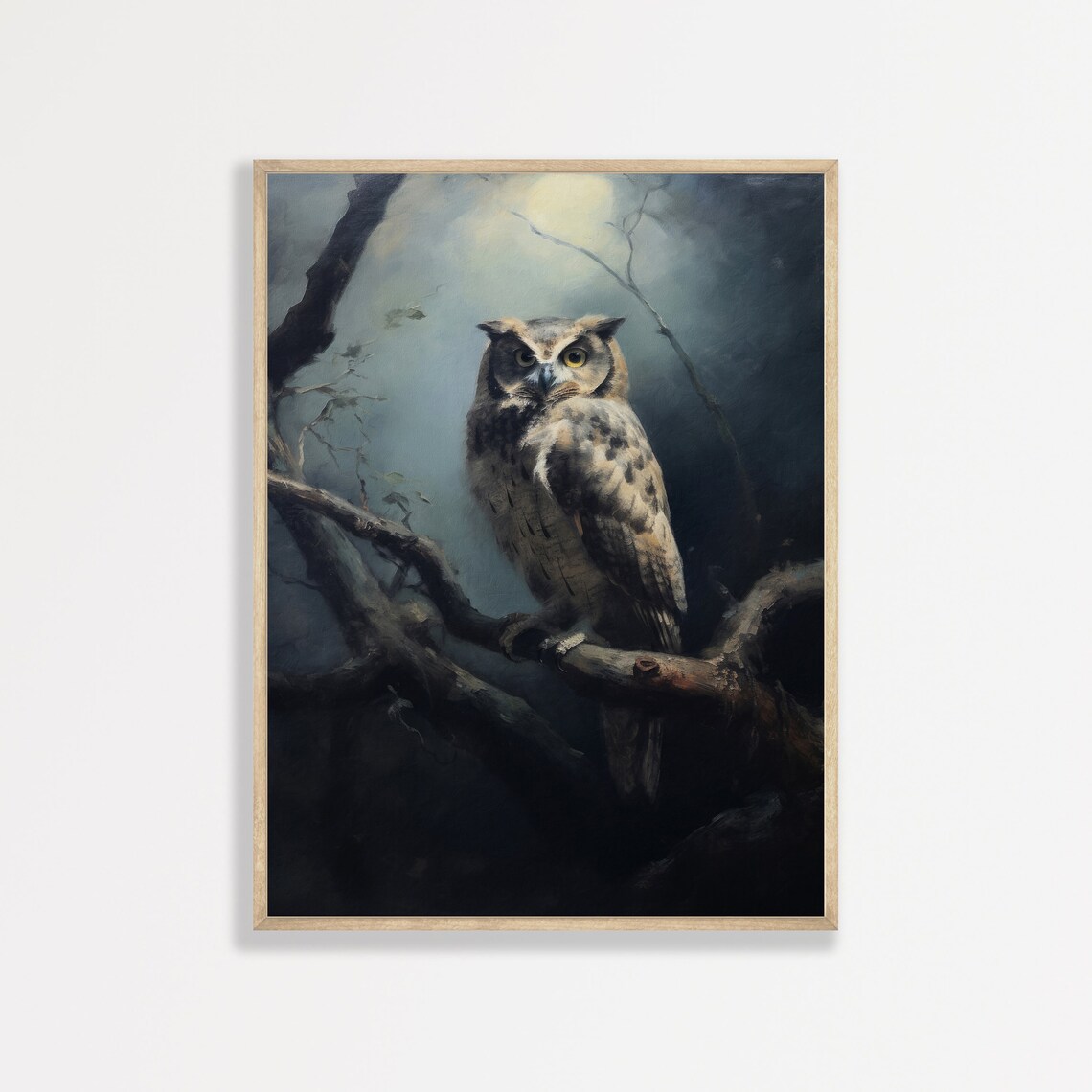 Dark Owl Painting, Dark Academia Moon Landscape Print