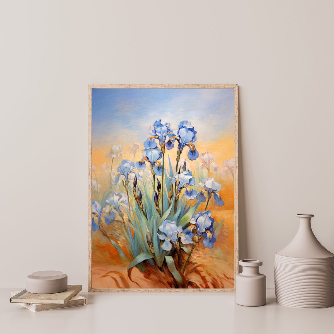 Blue Iris Blooms Golden Sunset Field Vintage Floral Oil Poster - Image 3