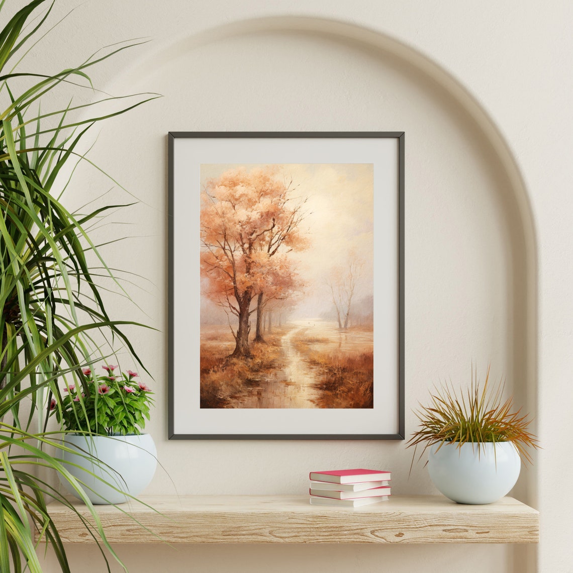 Autumn Path Peach Trees Misty Golden Meadow Rustic Landscape Poster - Image 2