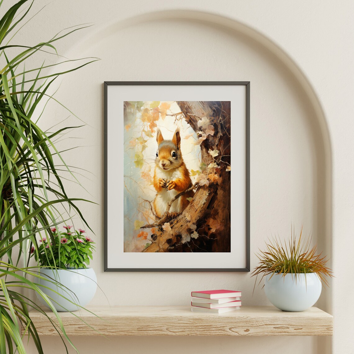 Red Squirrel Autumn Tree Branch Cute Wildlife Painting Rustic Woodland Print - Image 2