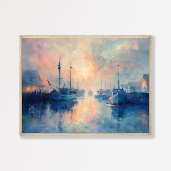 Retro Sailboats Painting Minimal Moody Vintage Wall Art Rustic Coastal Nautical Artwork Print Antique Landscape P 496