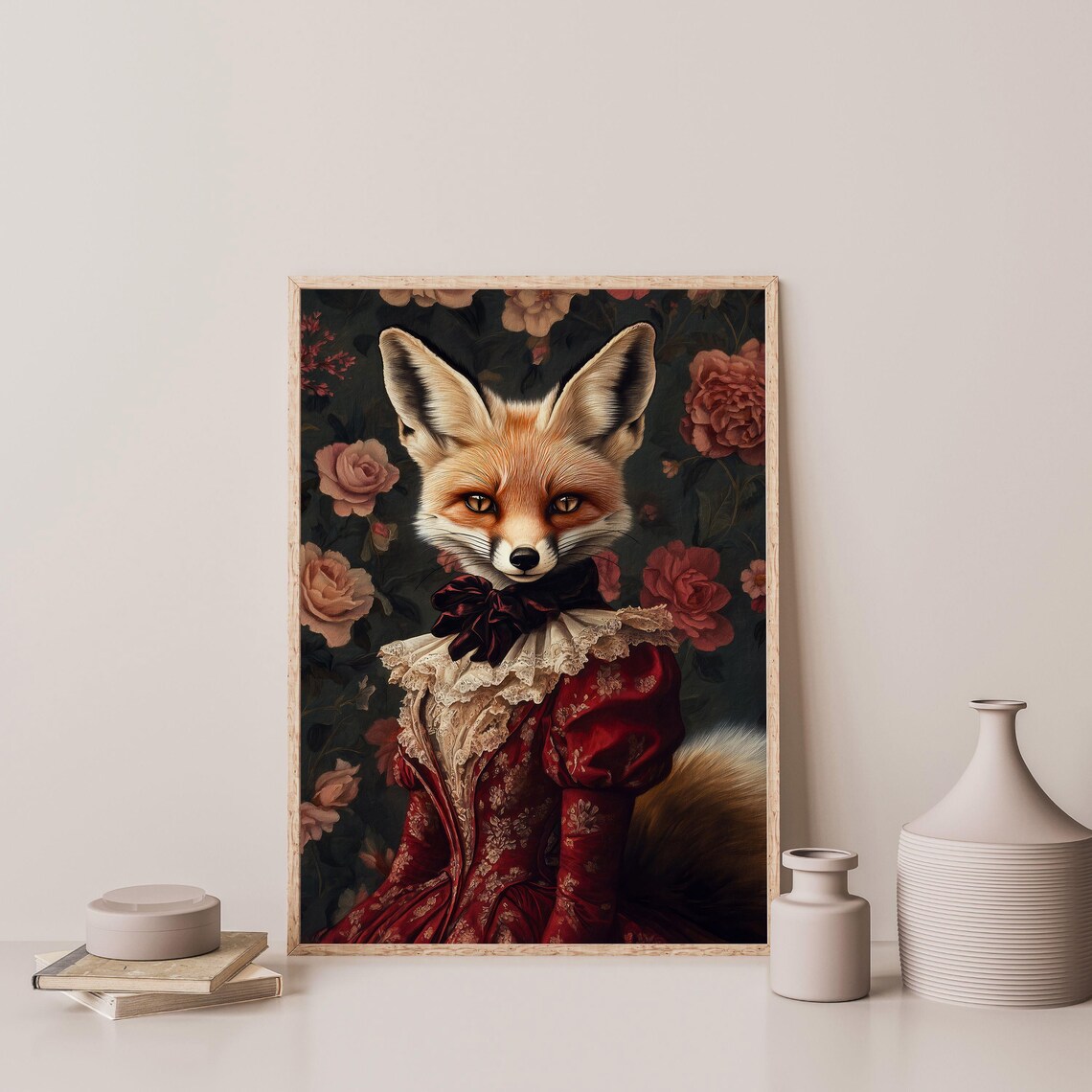 Red Fox Victorian Portrait Red Velvet Gown Moody Floral Art Poster - Image 3