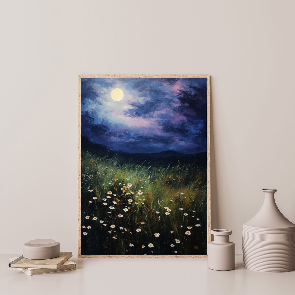 Moonlit Wildflowers Vintage Night Landscape Art Print - Image 3