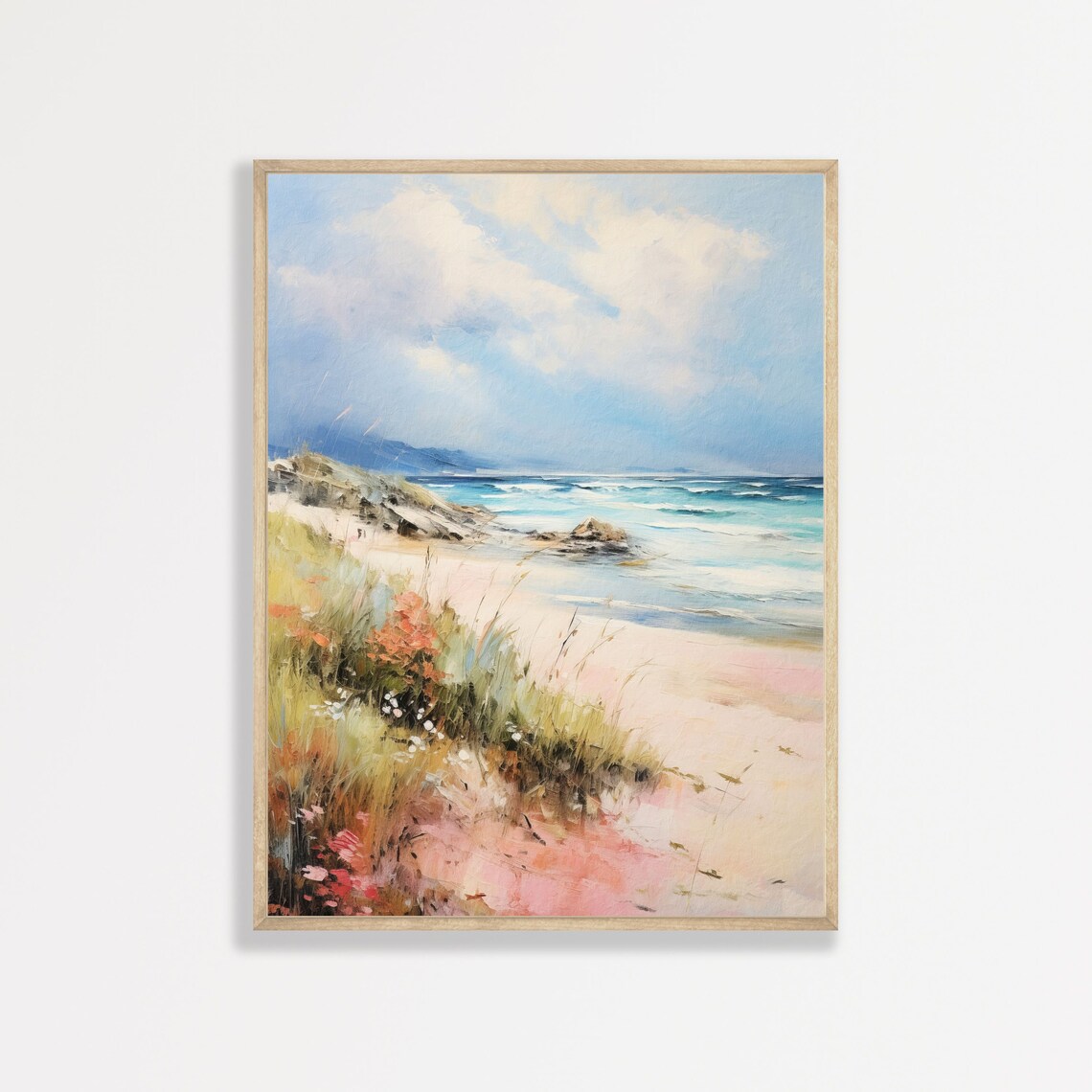 Beach Cove Wildflowers Sandy Shore Turquoise Waves Painting Poster