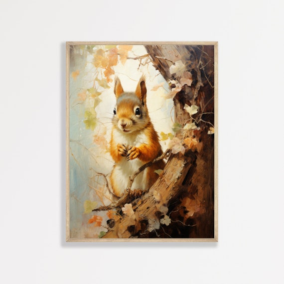 Cute Squirrel Print Vintage Nursery Wall Art Print Antique Moody Nature Oil Painting Rustic Cottage Home Apartment Decor P 654