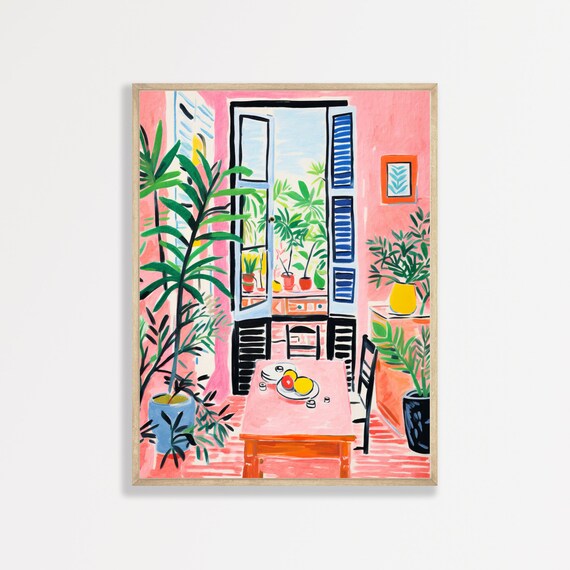 Pink Interior Open Window Plants Matisse Style Colorful Art Poster
