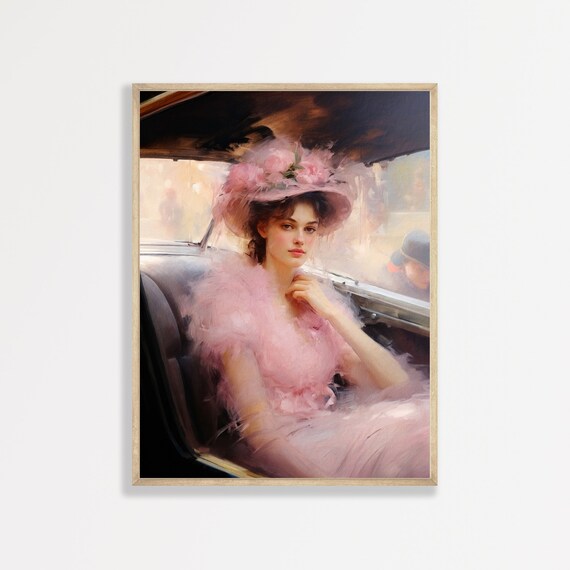 Retro Elegant Woman Portrait Art Print, Pastel Pink