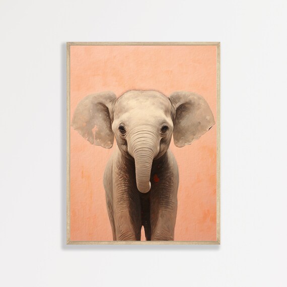 Baby Elephant Portrait Peach Background Cute Nursery Safari Animal Poster