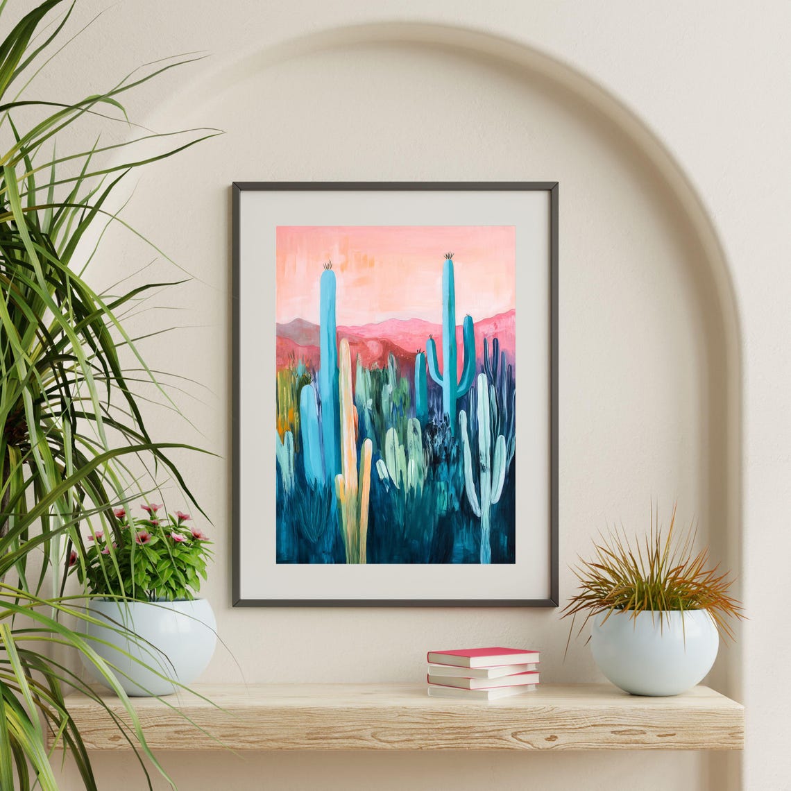 Teal Desert Cactus Sunset Pink Sky Saguaro Landscape Travel Poster - Image 2
