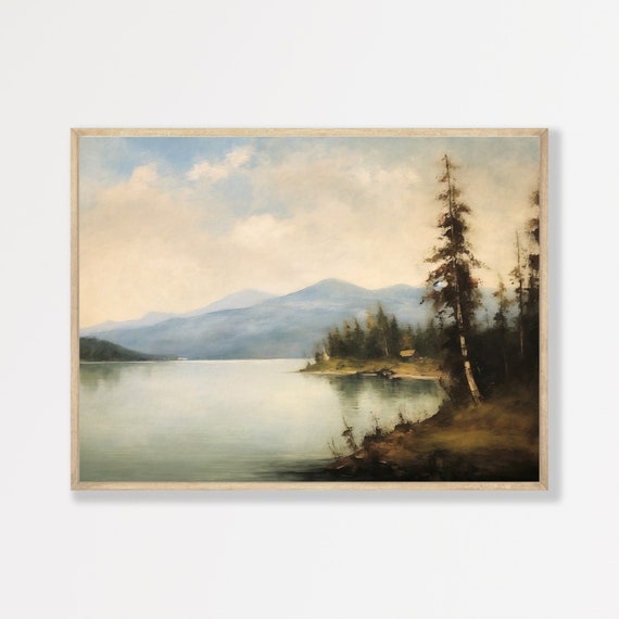 Vintage Lake Landscape Painting Moody Nature Wall Art Antique Cottagecore Rustic Farmhouse Print P 827