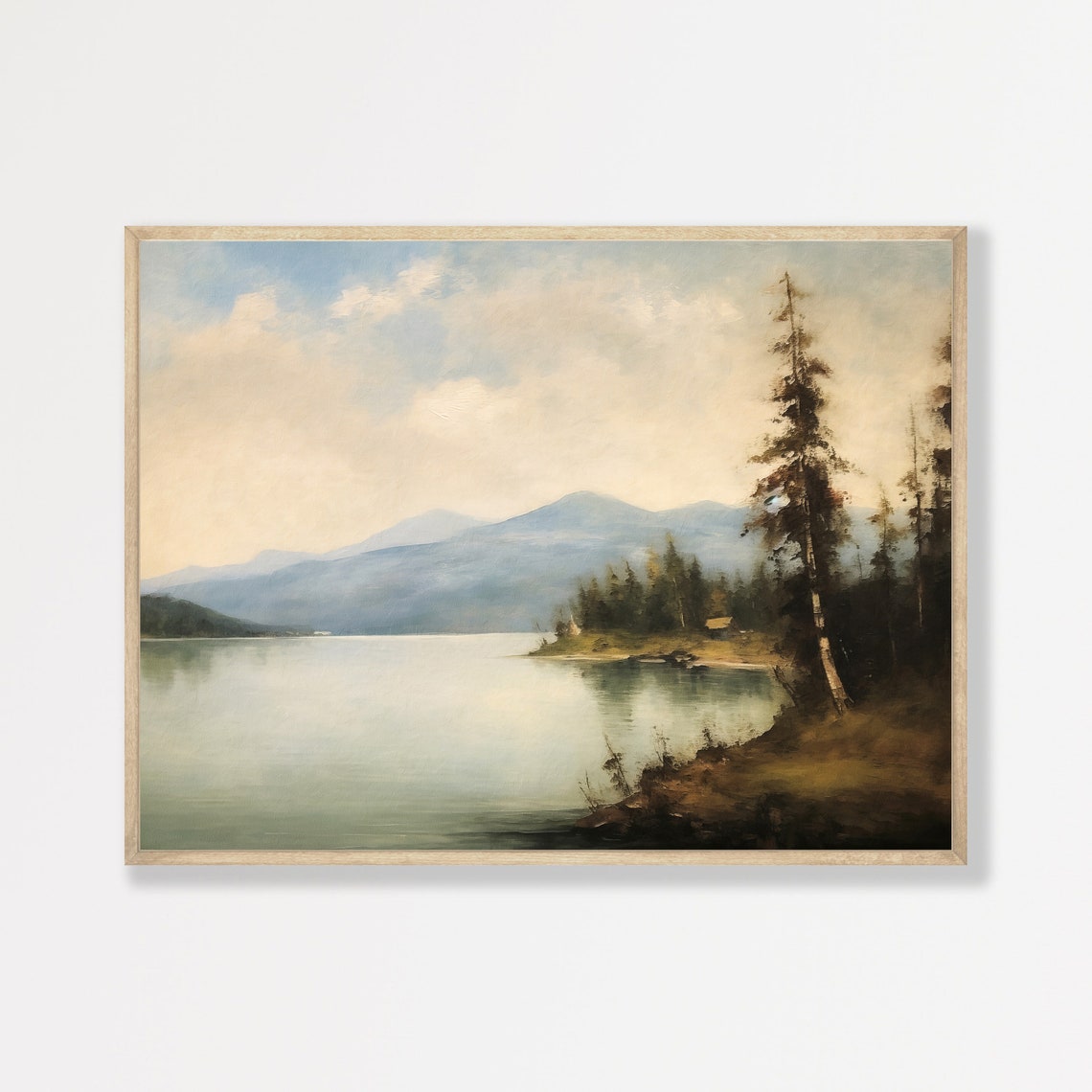 Vintage Lake Landscape Painting Moody Nature Wall Art Antique Cottagecore Rustic Farmhouse Print P 827