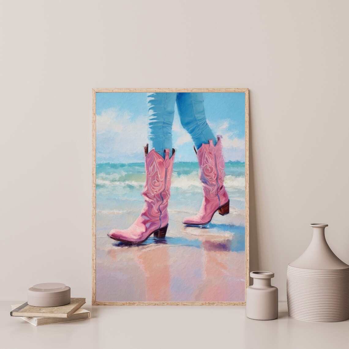 Pink Cowgirl Boots, Retro Coastal Wall Art Print - Image 3