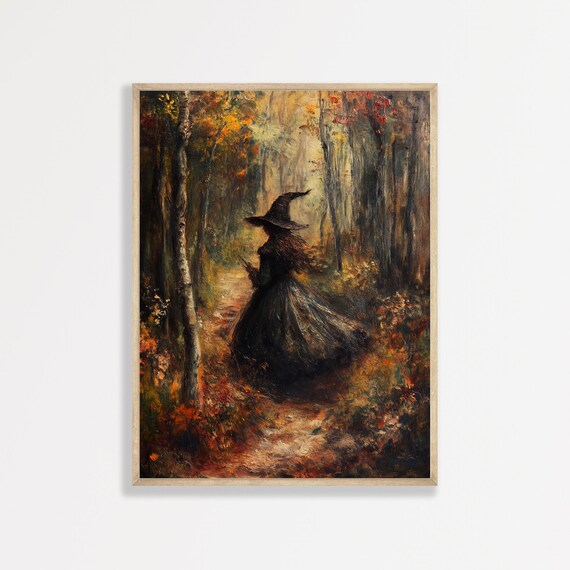 Autumn Witch Walking Misty Forest Vintage Oil Painting Poster