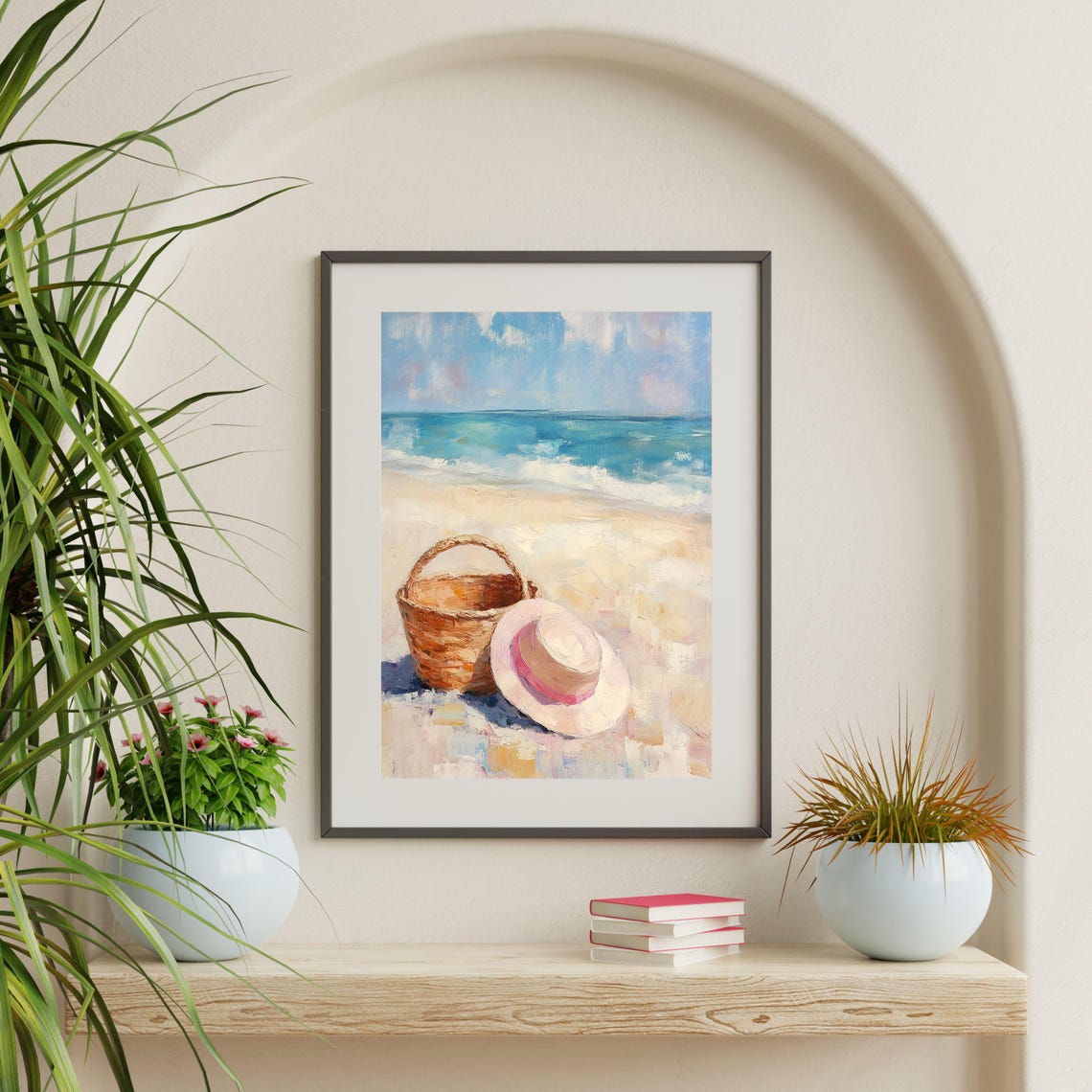 Beach Basket Straw Hat Sandy Shore Turquoise Sea Summer Travel Poster - Image 2