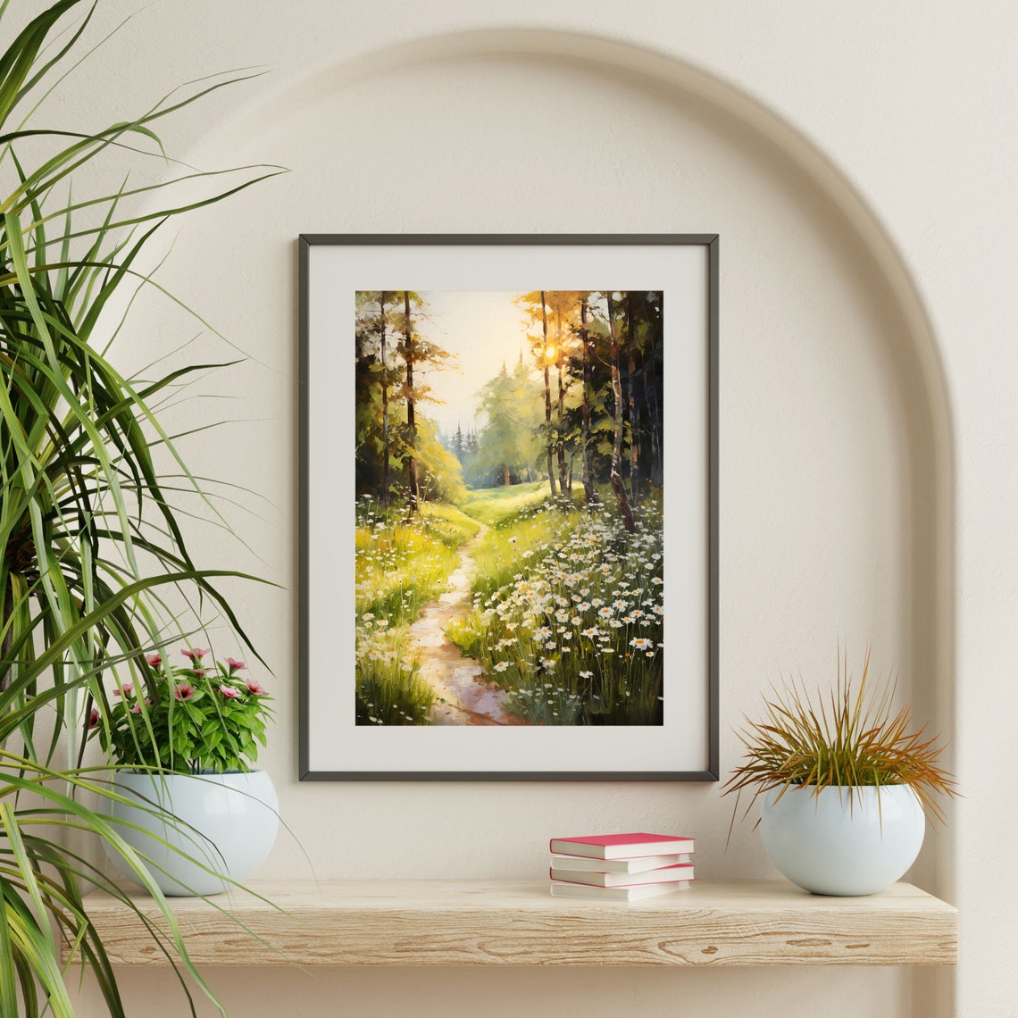 Sunlit Forest Path with White Daisies Summer Woodland Wall Art Print - Image 2