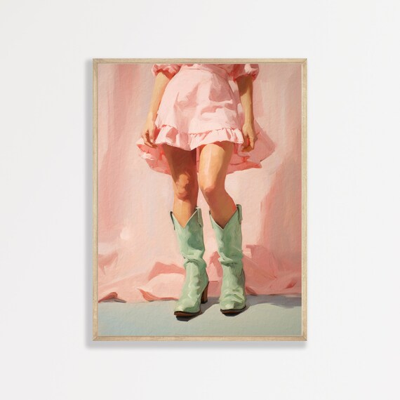 Cowgirl Boots Retro Western Art Print, Sage Green