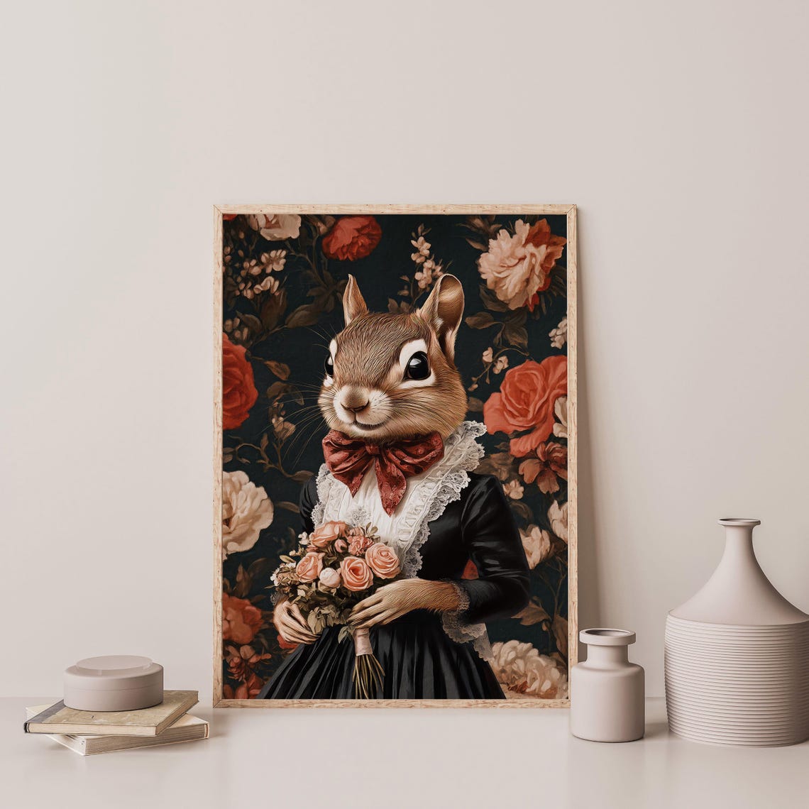 Victorian Chipmunk Portrait Holding Rose Bouquet Moody Floral Poster - Image 3