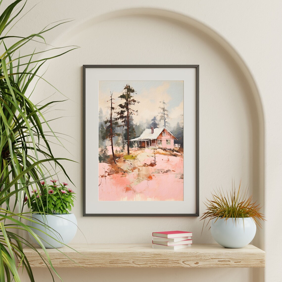 Pink Tint Woodland Cabin Among Pines Moody Forest Painting Poster - Image 2