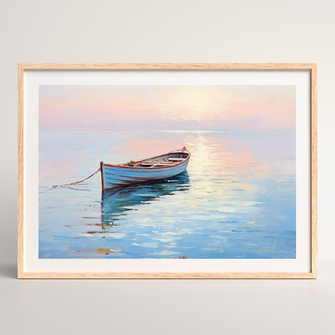 Wooden Rowboat Calm Water Pastel Sunrise Reflections Painting Poster - Image 2