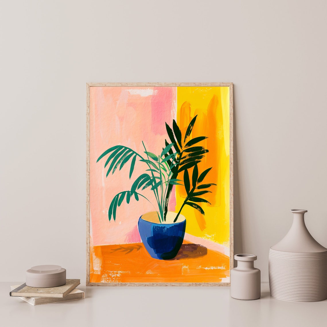 Potted Palm Plant Blue Pot Pink Yellow Modern Botanical Art Print - Image 3
