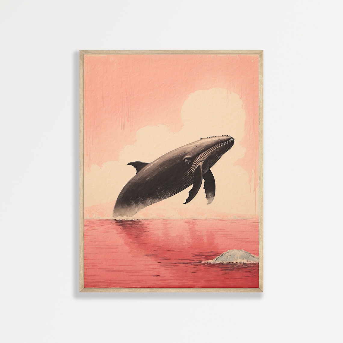 Breaching Whale Pink Sky Japanese Woodblock Ocean Wildlife Minimalist Poster