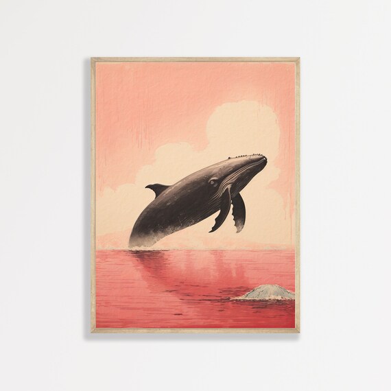 Breaching Whale Pink Sky Japanese Woodblock Ocean Wildlife Minimalist Poster