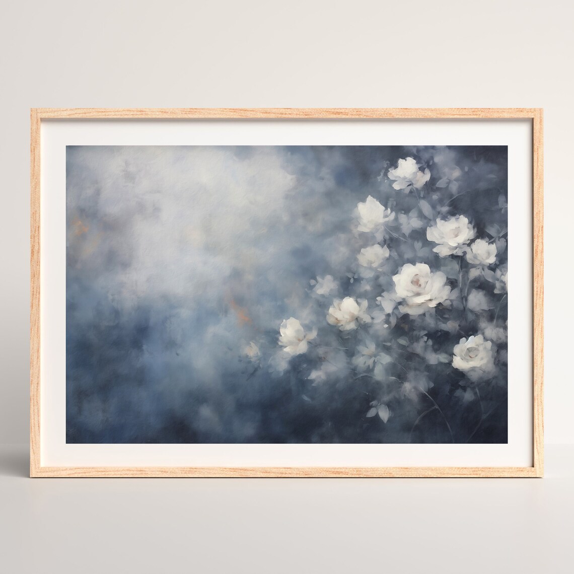 Dark Blue Floral Still Life with White Roses Vintage Painting Poster - Image 2