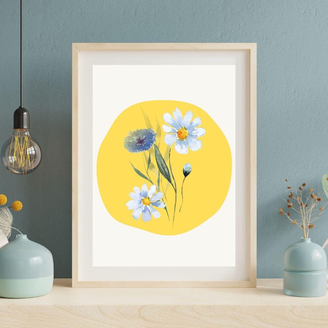 White Wildflowers On Yellow Sun Circle Watercolor Art Poster