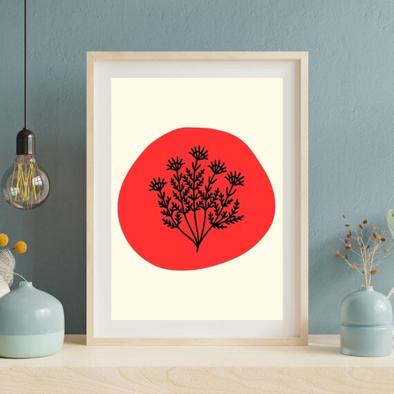 Red And Black Abstract Floral Wall Art Minimalist Botanical Print Modern Trendy Poster For Home Decor