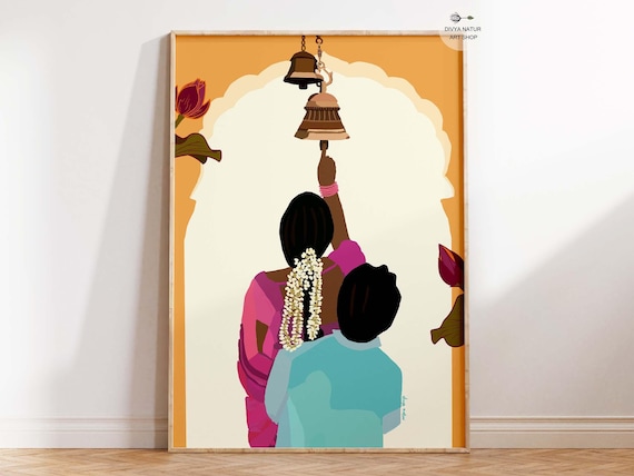 Temple Couple Wall Art Loving South Couples Ringing Bell Desi Cultural Decor Print Spiritual