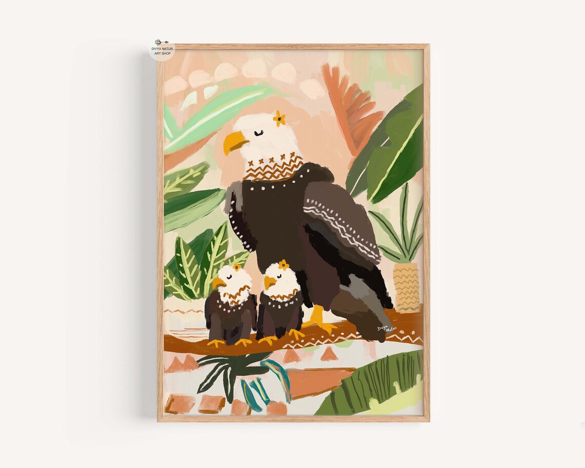 Bald Eagle With Two Eaglets Whimsical Tropical Wildlife Painting Poster