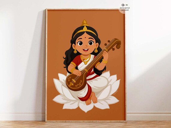 Baby Goddess Saraswati Art Print Cute Hindu Wall Decor Of Wisdom Music Illustration God Festive