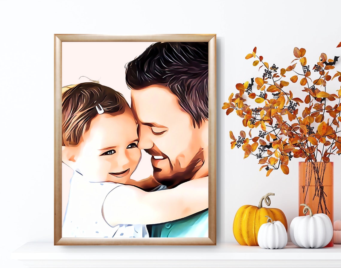 Joyful Dad And Son Cartoon Portrait Custom Illustration Poster - Image 5