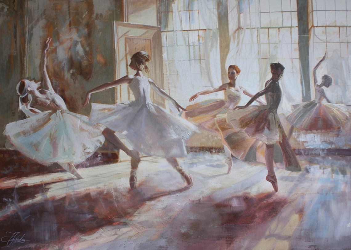Ballet Dancers Rehearsing in a Sunlit Studio Oil Painting Poster - Image 3