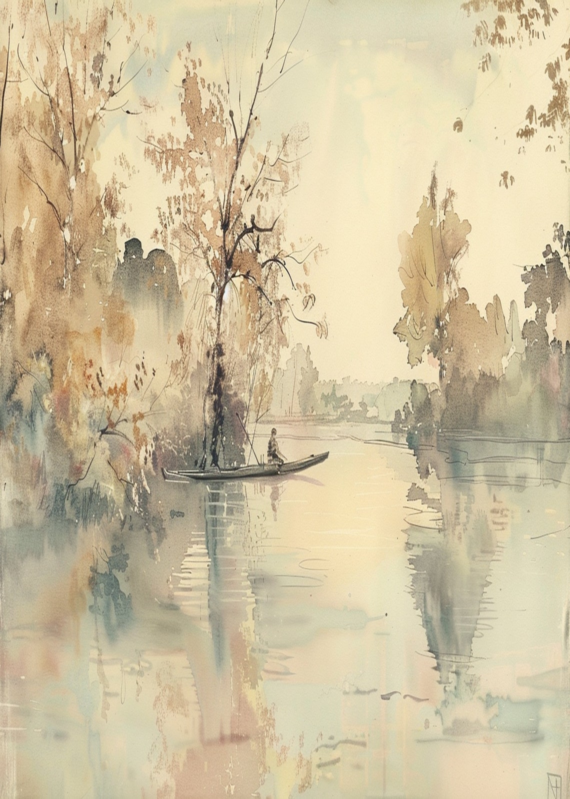 Lone Fisherman in a Canoe on a Misty Autumn Morning Lake Poster - Image 3
